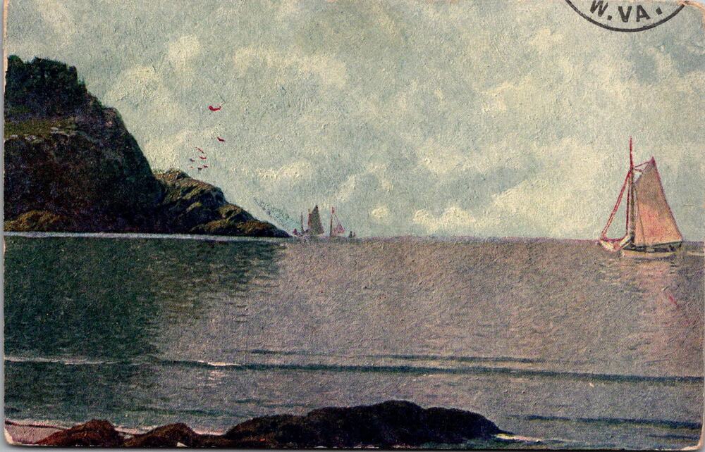 Serene Ocean Scene Sailing Vessels & Rocky Coastlines Vintage Postcard SP10-17